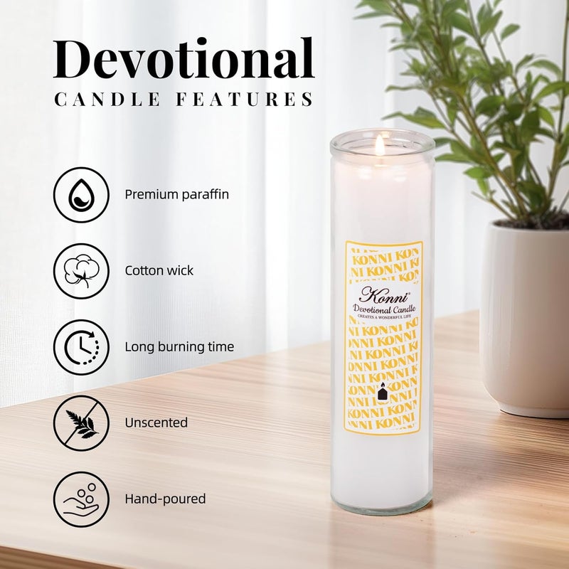 KONNI 2x8 Inch White Pillar Candles in Glass Set of 3, Devotional Prayer Candle, Unscented Religious Candles, 105 Hours Emergency Long Burning, Ideal for Memorials, Vigil, Blessing - Image 3